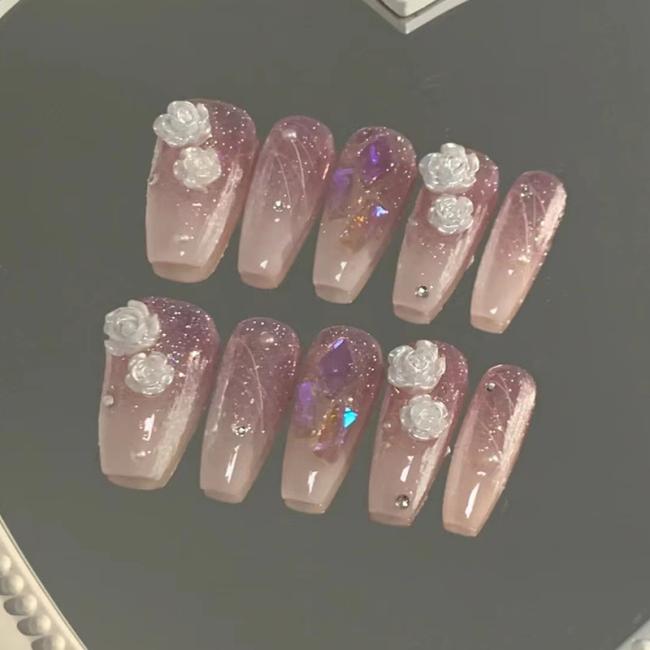 24pcs/Set New style OEM Wholesale 3D Milk White Camellia Aurora Diamond Style Nail Tip Flash Ins Style Artificial Fingernails