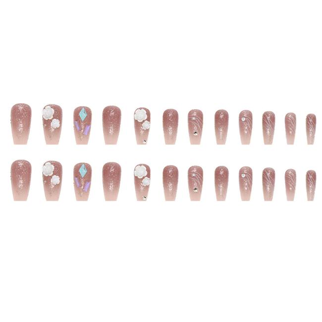 24pcs/Set New style OEM Wholesale 3D Milk White Camellia Aurora Diamond Style Nail Tip Flash Ins Style Artificial Fingernails