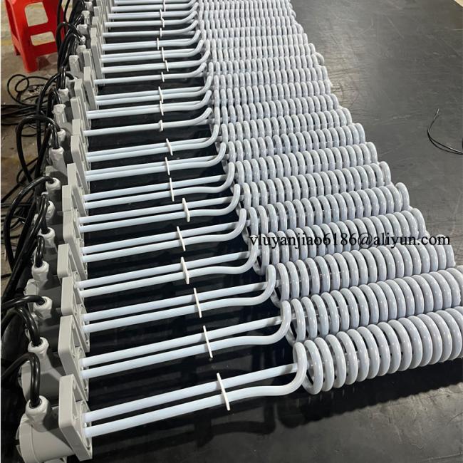 PTFE Immersion Heater for plating solutions showing spiral element design