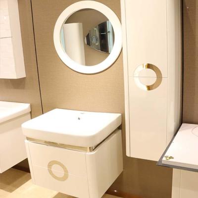 中国 注文の円ミラー ポリ塩化ビニールの浴室用キャビネットの陶磁器の統合された洗面器 販売のため