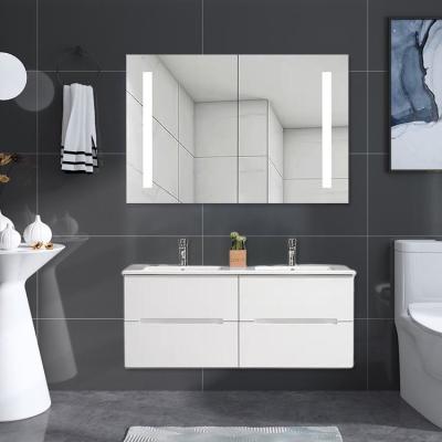 China LED Mirror PVC Bathroom Vanity Cabinet with 2 Ceramic Basins for sale