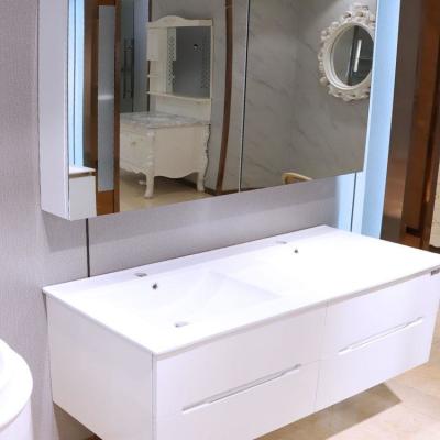 China 80*48cm PVC Bathroom Cabinets With LED Mirror And Ceramic Basins for sale