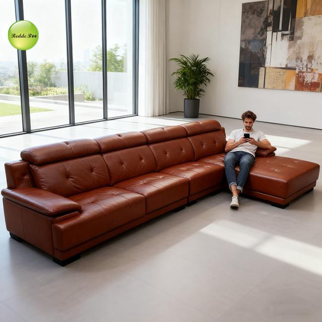 Close-up view of the sofa's high-quality leather texture and stitching
