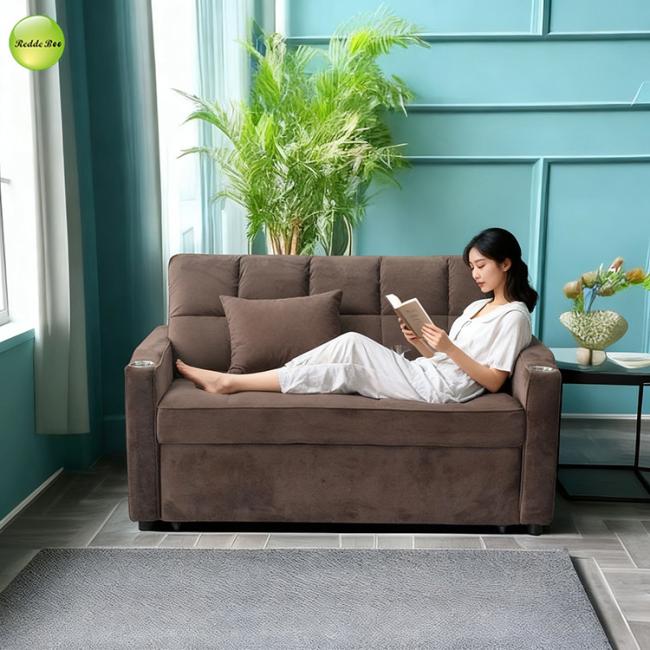 Elegant velvet sofa bed in living room setting