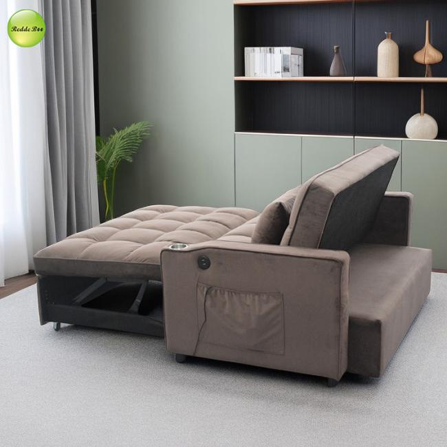Close-up of sofa bed showing velvet fabric and cup holder
