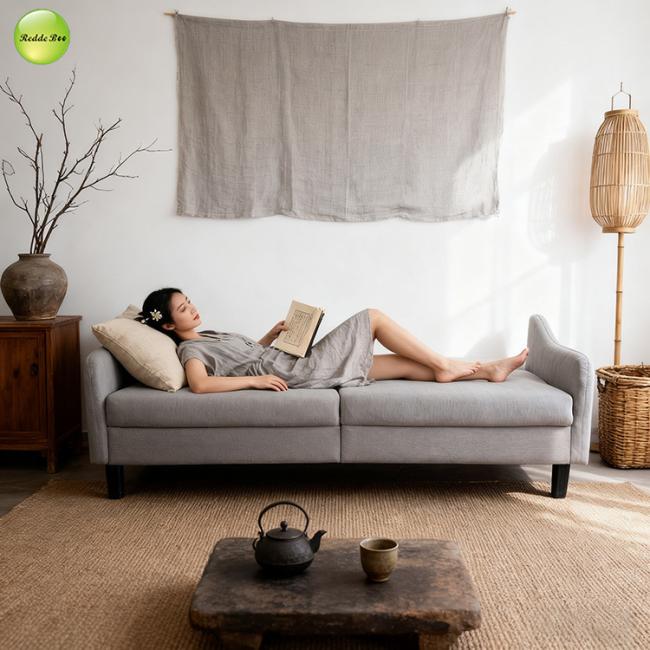 Close-up of linen fabric texture on sofa bed