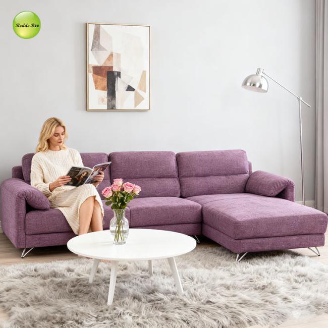 Purple Linen Sectional Sofa - close-up of fabric texture and stitching