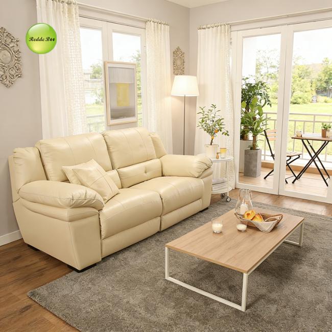White leather recliner set side view demonstrating adjustable tilt mechanism