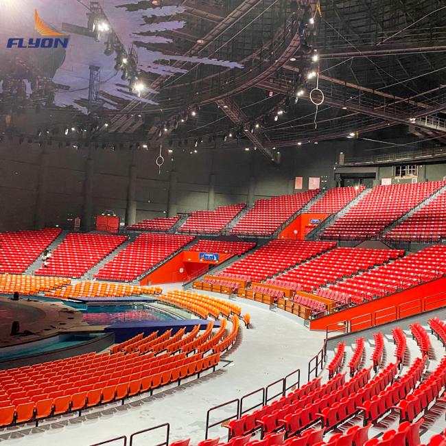 Flyon Stadium Sports Seats - Shell Model showing durable plastic construction and sleek black design