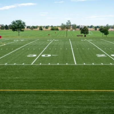 China 25m × 4m Per Roll Football Artificial Grass , Dark Green Soccer Field Synthetic Grass for sale