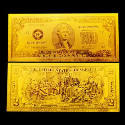 China Nice US gold dollor bill pure gold 24Kt set fine 2 dollor gold banknote collectable bills for sale