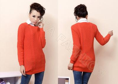 China Ball Knitting Ladies Cable Knit Sweater Scoop Neck , Long Sleeve Orange Sweaters for Women for sale