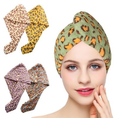 China Turbante de la toalla del abrigo de la toalla del pelo del balneario de la microfibra del estampado leopardo para el pelo mojado en venta