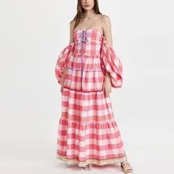 Ladies Puff Sleeve Dress for Women Ruching Checks Clothing Manufacturers Elegant Cotton Custom Logo Maxi Dress