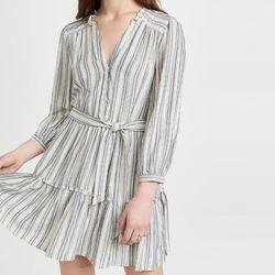 Ladies Long Sleeve Casual Ruffle V Neck Striped Viscose Mini Dress for Women
