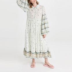 Ladies Viscose Tiered Maxi Floral Print Long Balloon Sleeve Collared Neck Shirt Dress for Women