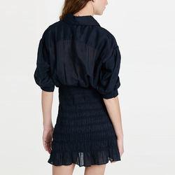 Ladies Casual Dress Collared Neck Elbow Length Puff Sleeve Ruffle Hem Polyester Smocked Shirt Dress for Women