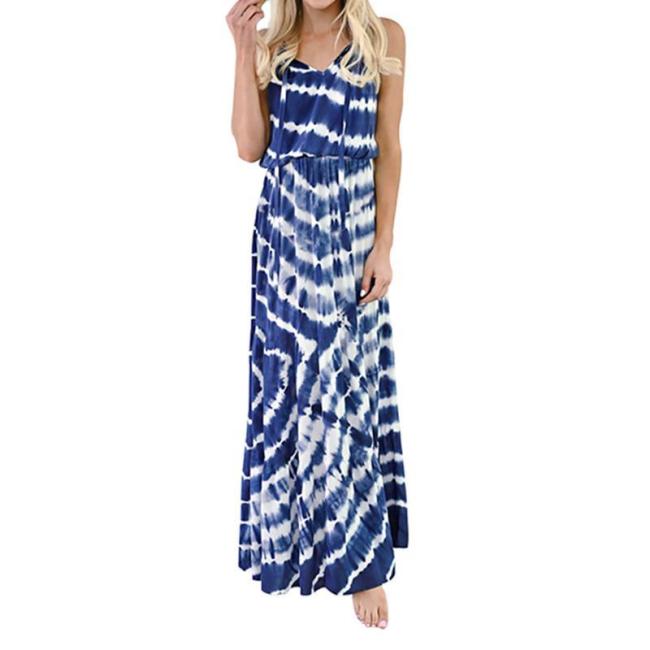 OEM Fashion Summer Fancy Sleeveless V Neck Dress Customized Spaghetti Strapped Floral Printed Back Hollow out Maxi Beach Dresses