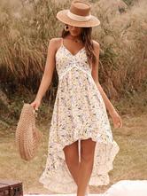 Summer Wome Dress for Print Floral Dress Straps Neck Long Dress