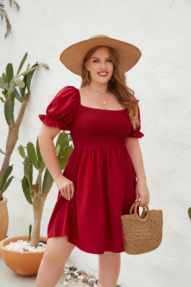 Large Size Women′s Large Size Solid Color Leisure Holiday Dress Travel Square Collar Play Wrap Bubble Sleeve Dress