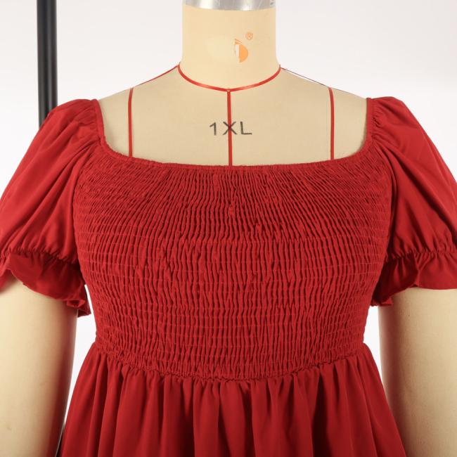 Large Size Women′s Large Size Solid Color Leisure Holiday Dress Travel Square Collar Play Wrap Bubble Sleeve Dress