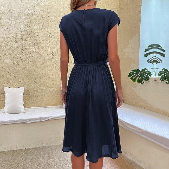 New European and American Skirt Summer Vacation Women′s Lace up Solid Color Pleated Dress