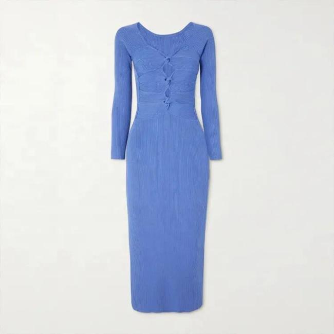 Knitwear Blue Rib Elegant Casual MIDI Plus Size Women′s Dresses Sexy Sweater Knit Dress
