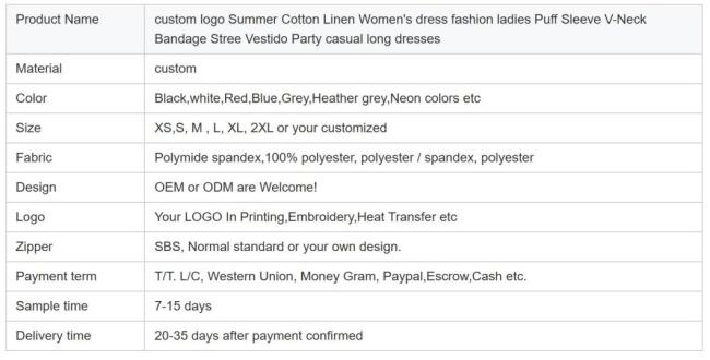 Summer Cotton Linen Women′s Dress Fashion Clothing Ladies Puff Sleeve V-Neck Streetwear Party Casual Long Dress