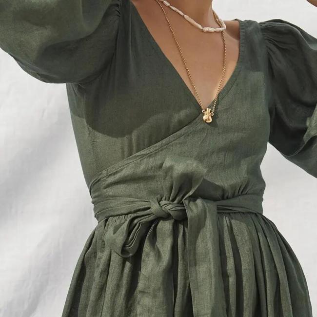 Summer Cotton Linen Women′s Dress Fashion Clothing Ladies Puff Sleeve V-Neck Streetwear Party Casual Long Dress