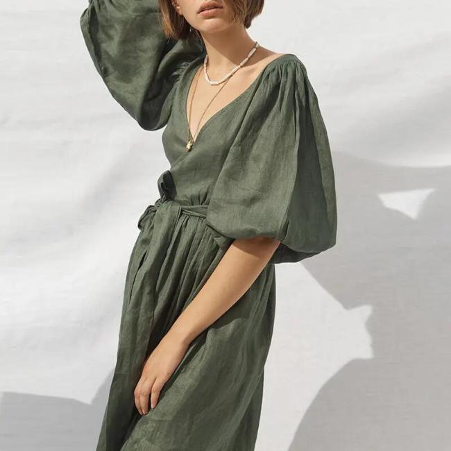 Summer Cotton Linen Women′s Dress Fashion Clothing Ladies Puff Sleeve V-Neck Streetwear Party Casual Long Dress