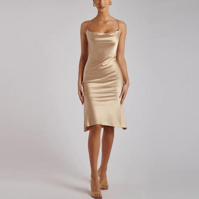 Cowl Neck Yellow Ladies Luxury MIDI Satine Milk Silk Dress for Women