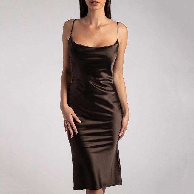 Cowl Neck Yellow Ladies Luxury MIDI Satine Milk Silk Dress for Women