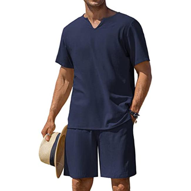 Customised Logo Men′s 2 Pieces Cotton Linen Set Henley Shirt Short Sleeve and Casual Beach Shorts Summer Yoga Outfits