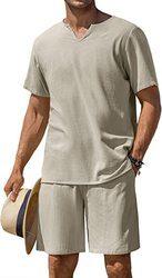 Customised Logo Men′s 2 Pieces Cotton Linen Set Henley Shirt Short Sleeve and Casual Beach Shorts Summer Yoga Outfits