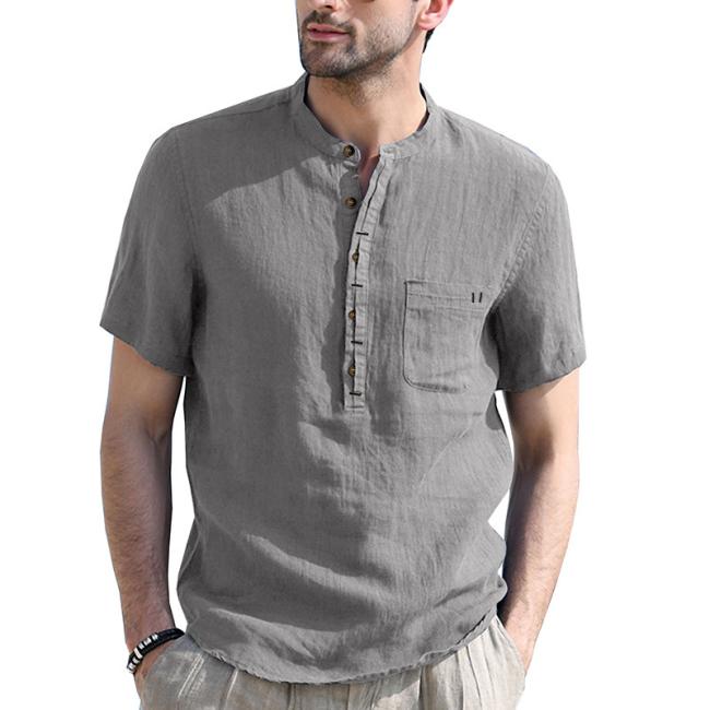 Summer New Stand-up Collar Men′s Linen Shirt Breathable Short Sleeve Cotton Linen Shirt Men