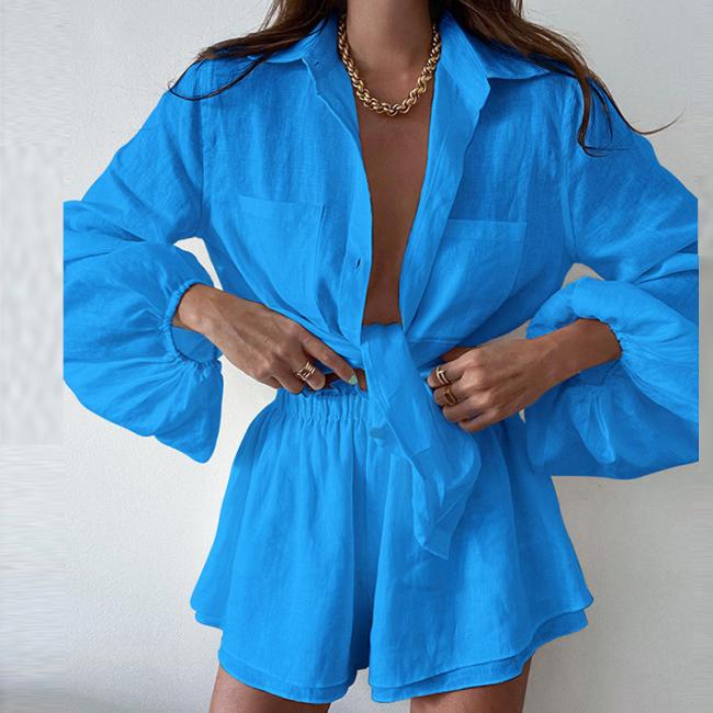 2023 Summer New Casual Suit Amazon Foreign Trade Fashion Solid Color Flounces Shorts Shirt Suit