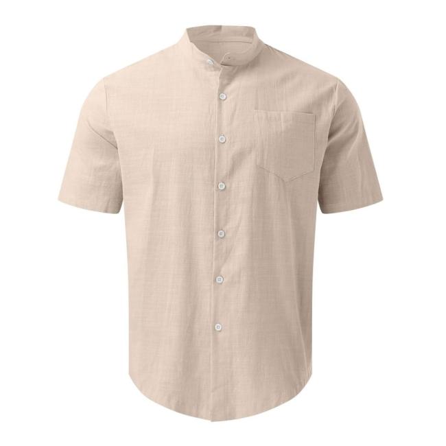 2023 Men′s Short-Sleeved Cotton Linen Shirt Standing Collar Slim-Fit Men′s Shirt