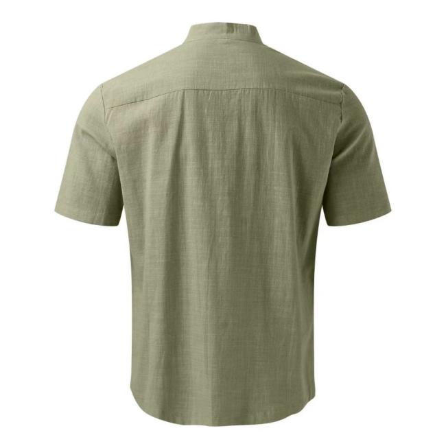 2023 Men′s Short-Sleeved Cotton Linen Shirt Standing Collar Slim-Fit Men′s Shirt