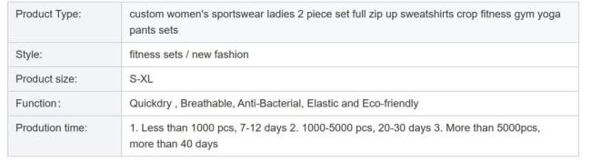 Women′s Sportswear Ladies 2 Piece Set Full Zip up Sweatshirts Crop Fitness Gym Yoga Pants Sets