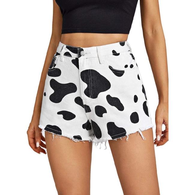 2023 Hot Selling Fashion Women Casual Skinny Printed Short Jeans Ladies Milk Cow Print Shorts Denim Pants