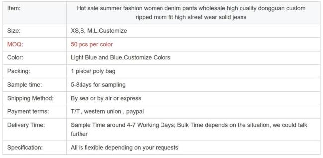 Hot Sale Summer Fashion Women Denim Pants Wholesale High Quality Ripped High Street Wear Solid Jeans