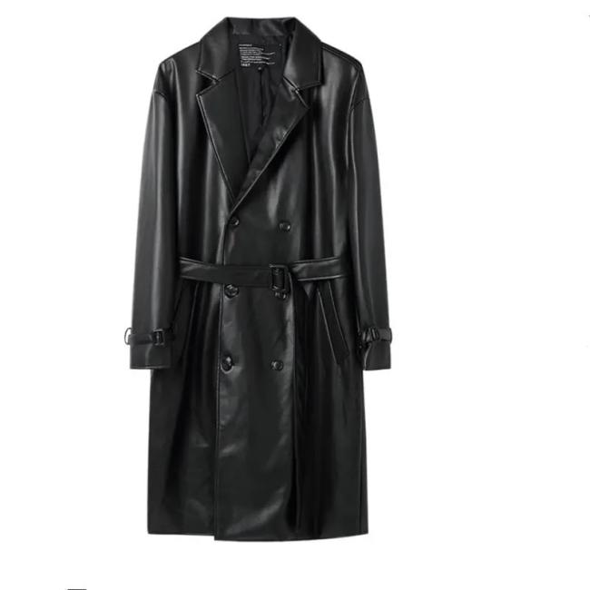 Csutom Men Leather Long Black Hip Hop Double Breasted Trench Coat