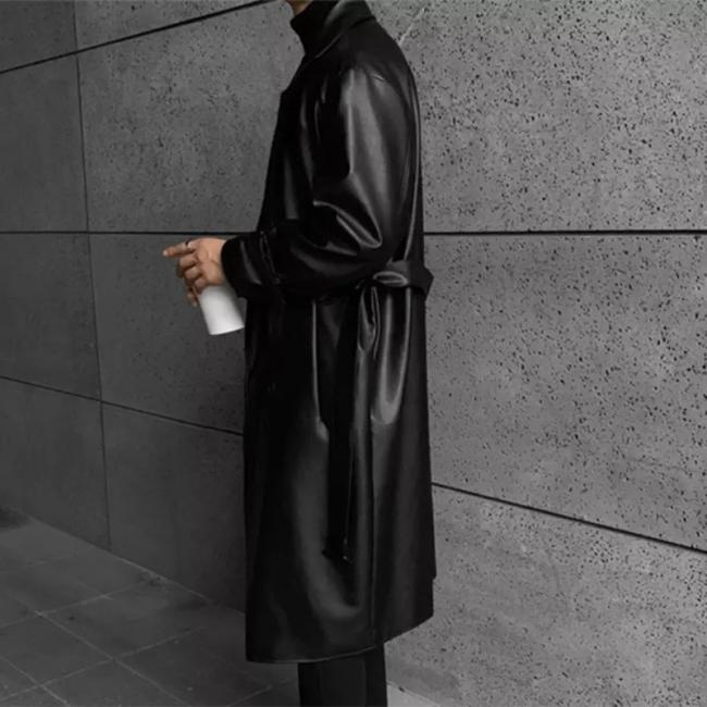 Csutom Men Leather Long Black Hip Hop Double Breasted Trench Coat