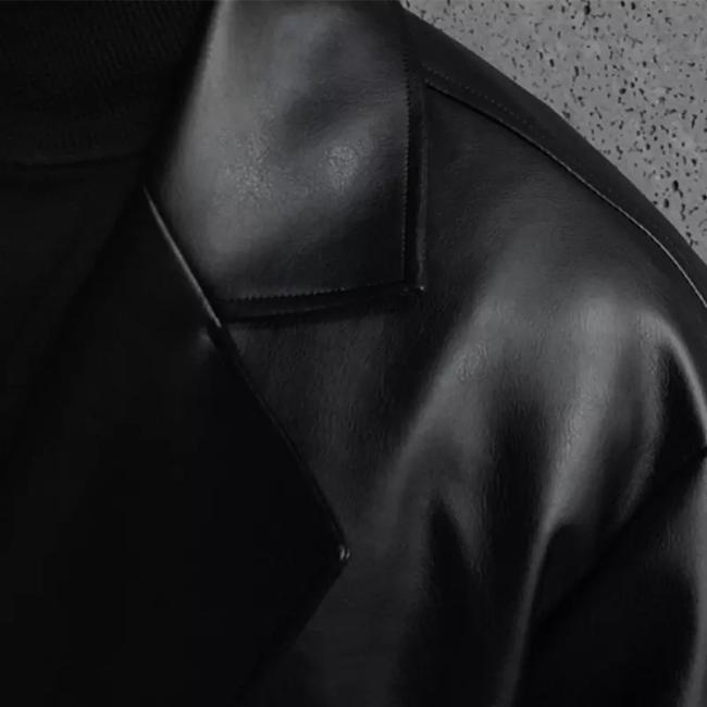 Csutom Men Leather Long Black Hip Hop Double Breasted Trench Coat