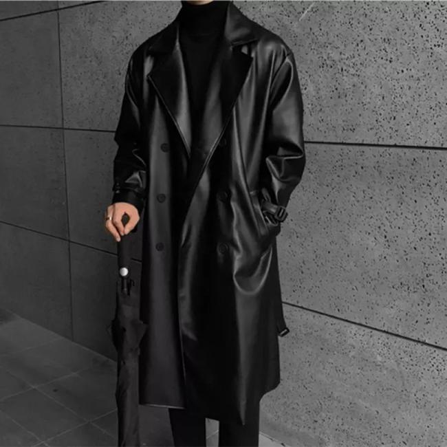 Csutom Men Leather Long Black Hip Hop Double Breasted Trench Coat