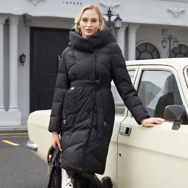 Winter Long Thick Padded Coat Women Printed Fabric Coat Fashion Casual Belted Jacket