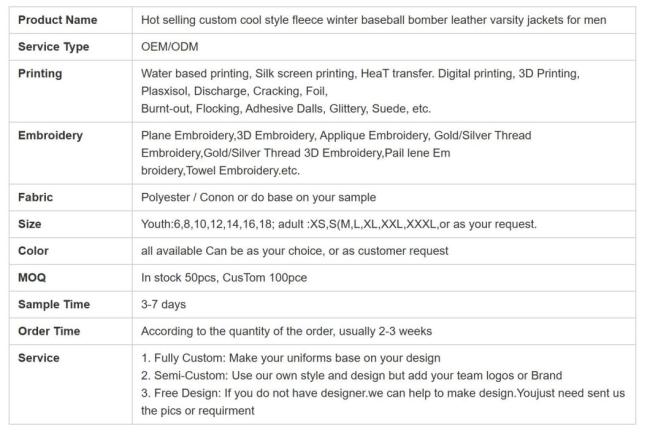 Hot Selling Custom Cool Style Fleece Winter Baseball Bomber Leather Varsity Jackets for Men
