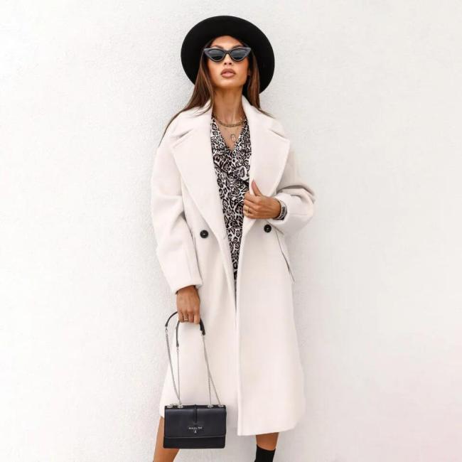 Fall and Winter Woman′s Coats Ladies Jackets Double Cotton Solid Turn Down Collar Long Coats for Women