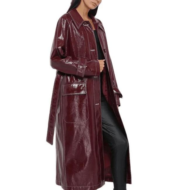 Wine Red Trench Women′s Slim Motorcycle PU Leather Coat Long Slim with Belt Women′s Leather Trench Coats