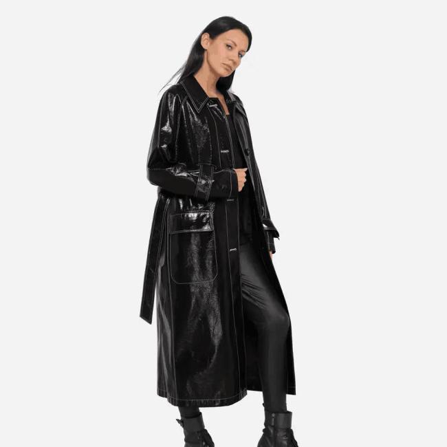 Wine Red Trench Women′s Slim Motorcycle PU Leather Coat Long Slim with Belt Women′s Leather Trench Coats